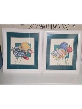 1989 Paul Brent Tropical Fish Framed Wall Art Duet Signed Teal Matte White Frame